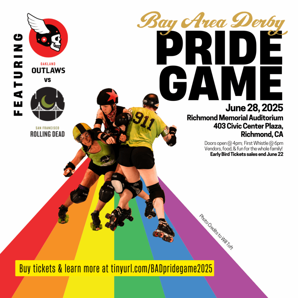 Pride Game Flyer Flyer for BAD Pride Game on June 28 with image of two blockers stopping a jammer on a rainbow track