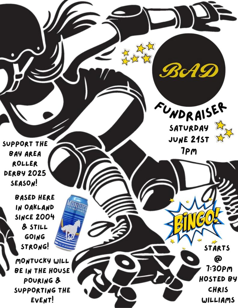 Bingo Fundraiser Poster A black and white drawing of a skater bent over while speeding by is surrounded by details abut the fundraiser included in the text above.